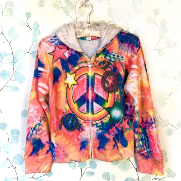 Justice Kids Rainbow Tie Dye Fleece Hoodie Sweatshirt Peace Stars Heart Zipper - Picture 1 of 14